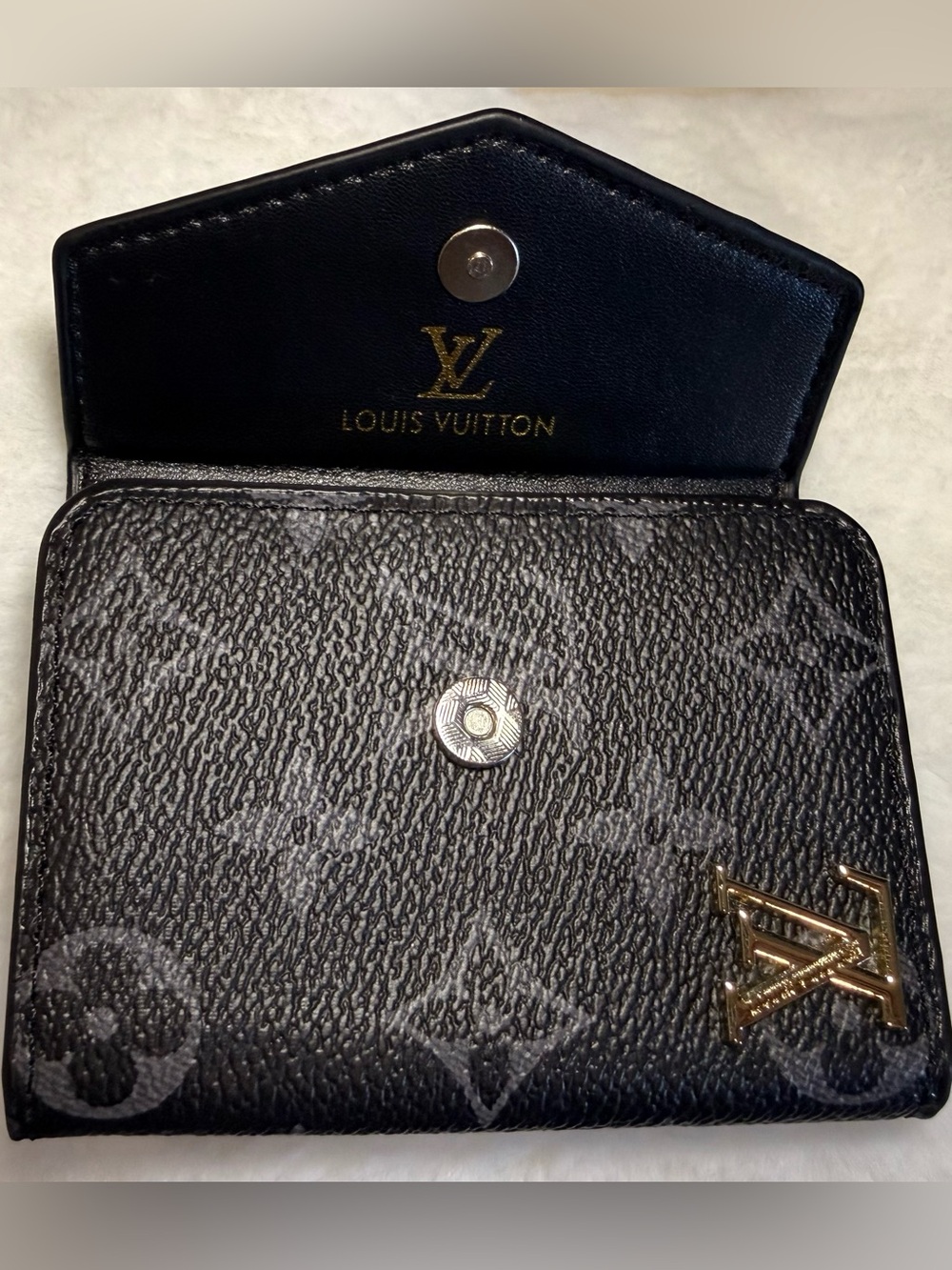 LV Black Monogram Canvas Card Holder with Gold LV Initials